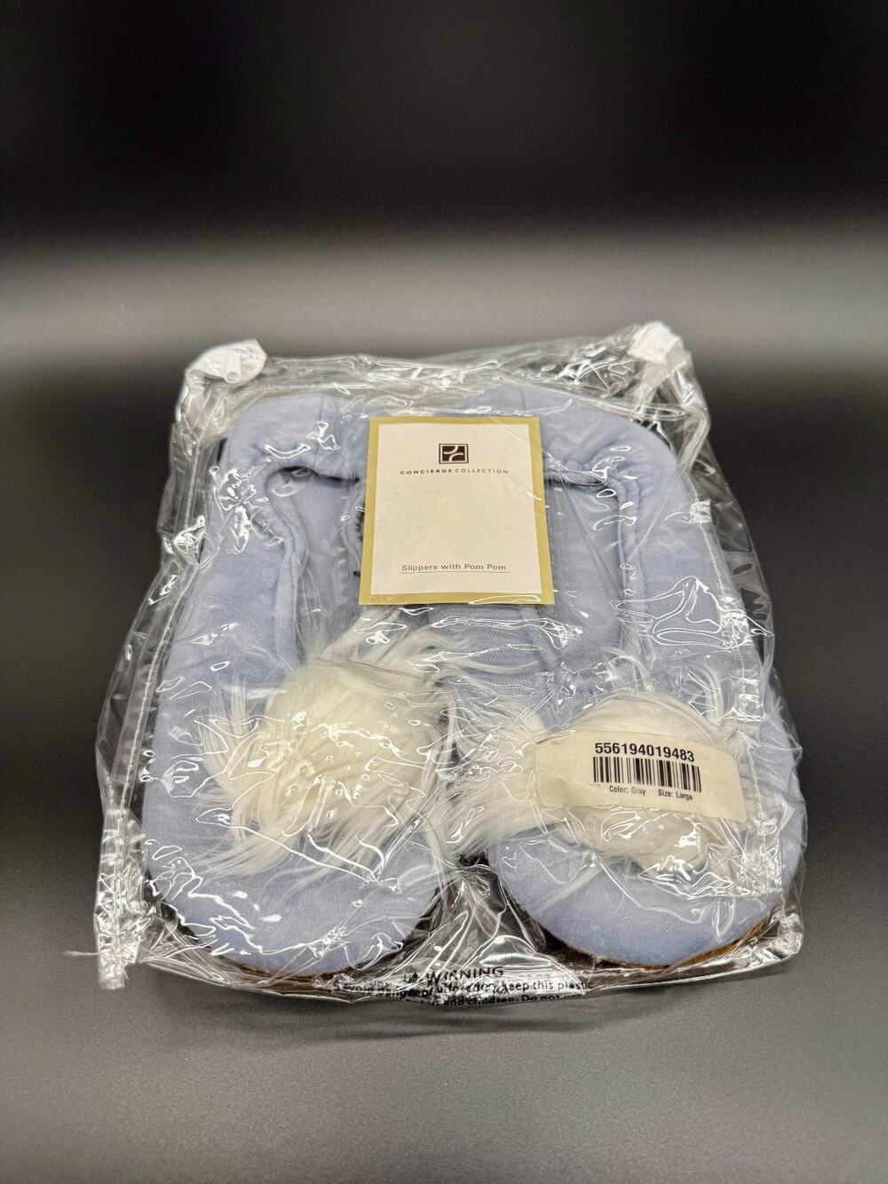 Concierge Collection HSN Pom Pom Slippers Gray Size Large New Sealed